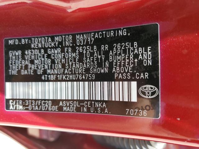 4T1BF1FK2HU764759 - 2017 TOYOTA CAMRY LE RED photo 12