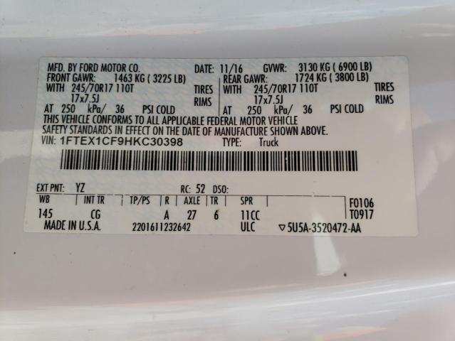 1FTEX1CF9HKC30398 - 2017 FORD F150 SUPER CAB WHITE photo 12