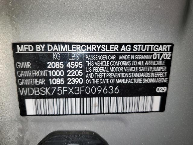 WDBSK75FX3F009636 - 2003 MERCEDES-BENZ SL 500R GRAY photo 12