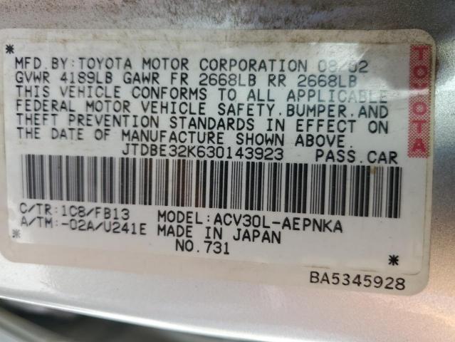 JTDBE32K630143923 - 2003 TOYOTA CAMRY LE SILVER photo 12