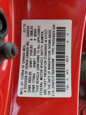 2HGFC1F7XGH634368 - 2016 HONDA CIVIC EXL წითელი ფოტო 12