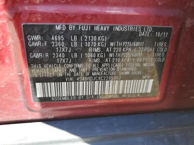 4S4BRDJC9C2215962 - 2012 SUBARU OUTBACK 3.6R LIMITED RED photo 13