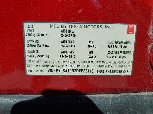 5YJSA1CN2DFP23116 - 2013 TESLA MODEL S წითელი ფოტო 12