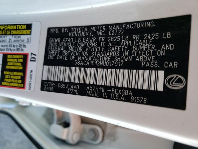 58ACA1C13NU017917 - 2022 LEXUS ES 300H BASE WHITE photo 12