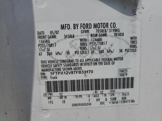 1FTPX12V87FB33170 - 2007 FORD F150 WHITE photo 12