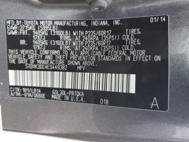 5TDYK3DC4ES449382 - 2014 TOYOTA SIENNA XLE GRAY photo 14