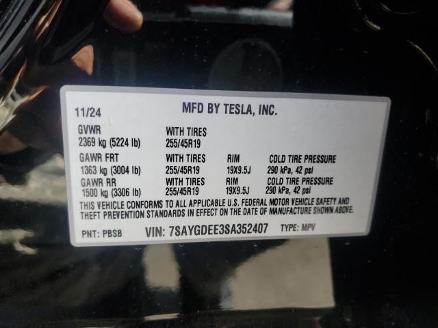 7SAYGDEE3SA352407 - 2025 TESLA MODEL Y BLACK photo 12