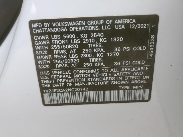 1V2JE2CA2NC207421 - 2022 VOLKSWAGEN ATLAS CROS SE WHITE photo 13