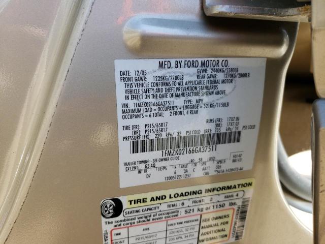 1FMZK02166GA37511 - 2006 FORD FREESTYLE SEL TAN photo 13