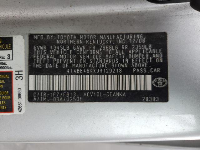 4T4BE46KX9R129218 - 2009 TOYOTA CAMRY BASE SILVER photo 12