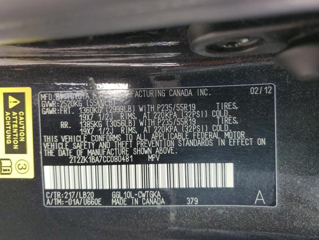 2T2ZK1BA7CC080481 - 2012 LEXUS RX 350 BLACK photo 12