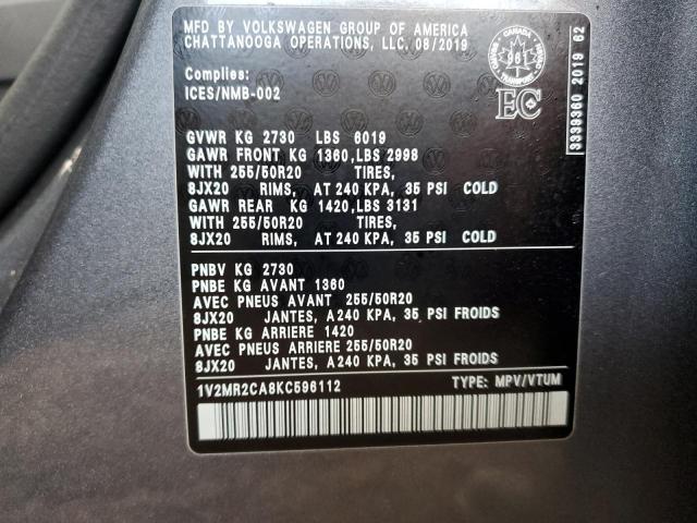 1V2MR2CA8KC596112 - 2019 VOLKSWAGEN ATLAS SEL Boz foto 13