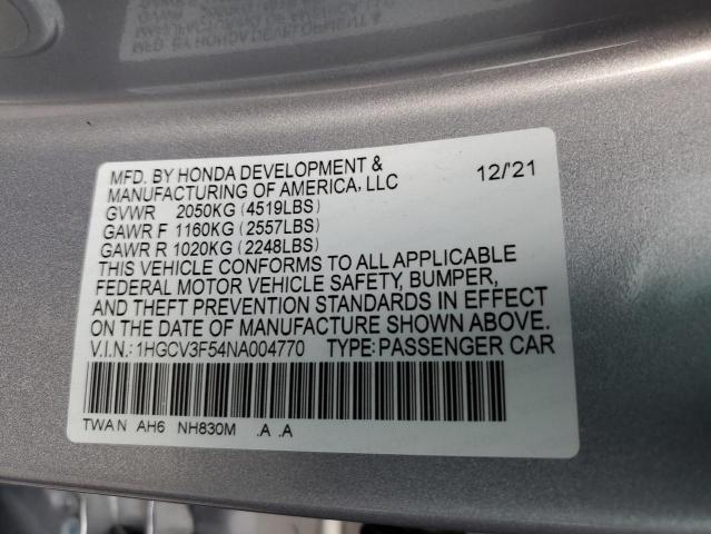 1HGCV3F54NA004770 - 2022 HONDA ACCORD HYBRID EXL SILVER photo 12