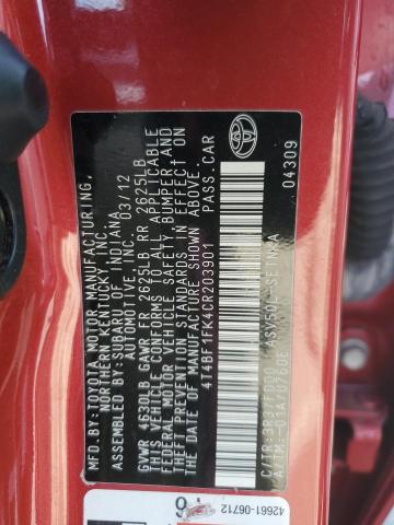 4T4BF1FK4CR203901 - 2012 TOYOTA CAMRY BASE RED photo 12