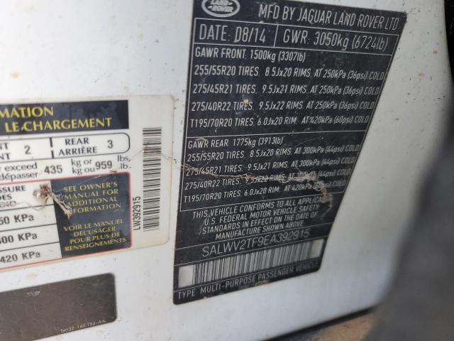 SALWV2TF9EA392915 - 2014 LAND ROVER RANGE ROVE AUTOBIOGRAPHY WHITE photo 12