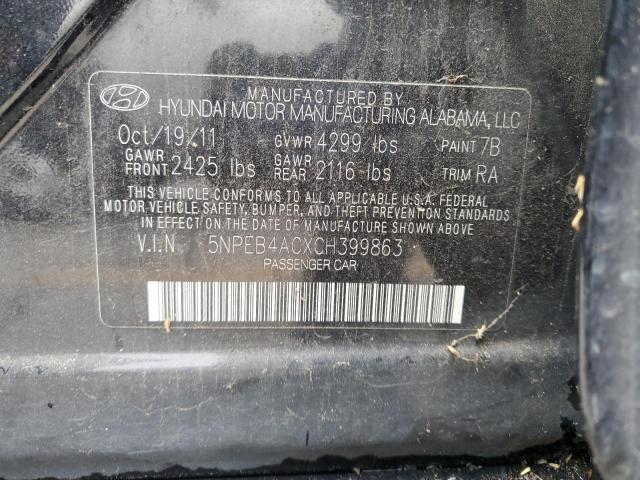 5NPEB4ACXCH399863 - 2012 HYUNDAI SONATA GLS BLACK photo 12