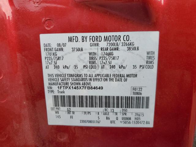 1FTPX145X7FB84649 - 2007 FORD F150 RED photo 12