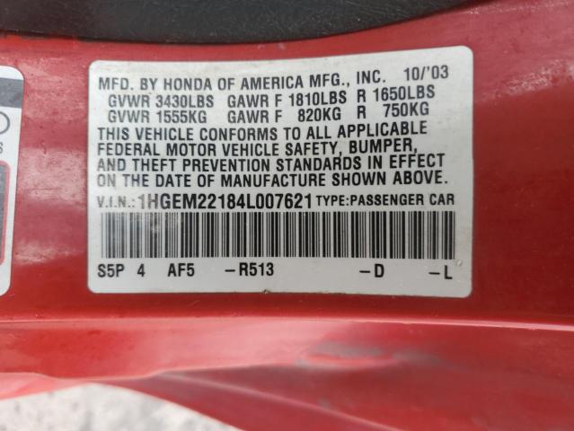 1HGEM22184L007621 - 2004 HONDA CIVIC DX VP Qırmızı foto 12