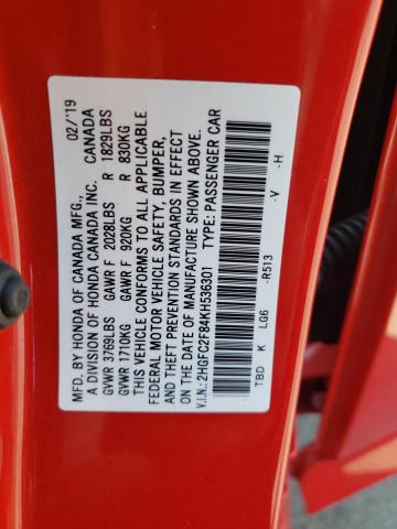 2HGFC2F84KH536301 - 2019 HONDA CIVIC SPORT 红色 照片 12