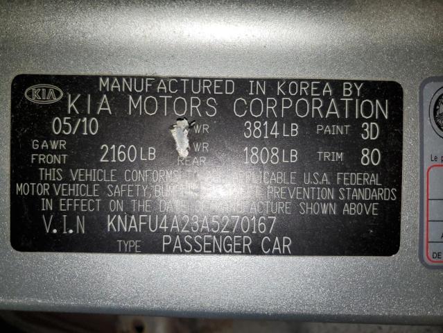 KNAFU4A23A5270167 - 2010 KIA FORTE EX SILVER photo 12