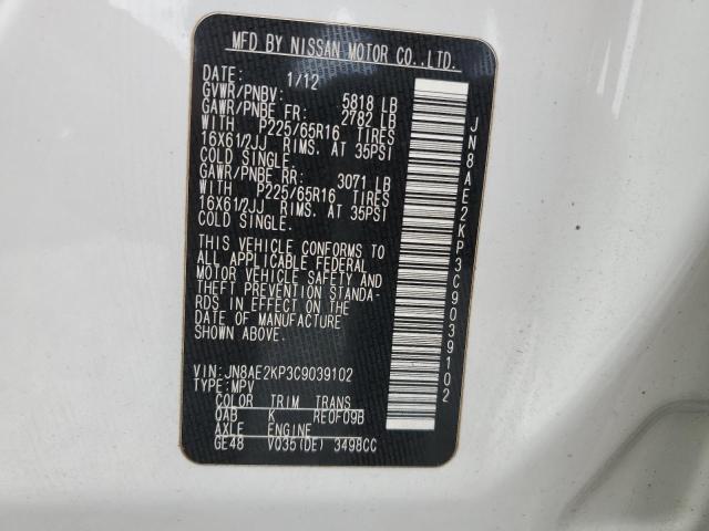 JN8AE2KP3C9039102 - 2012 NISSAN QUEST S WHITE photo 13