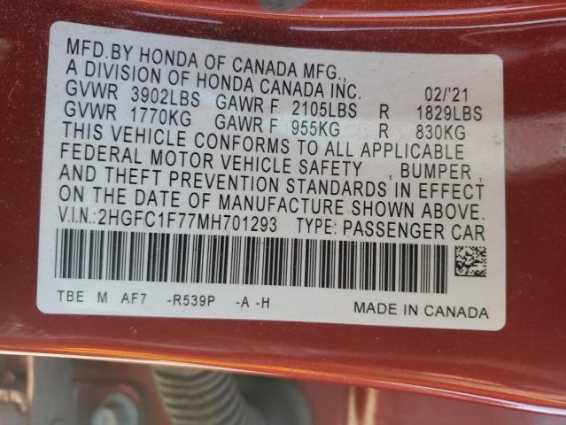 2HGFC1F77MH701293 - 2021 HONDA CIVIC EXL RED photo 12