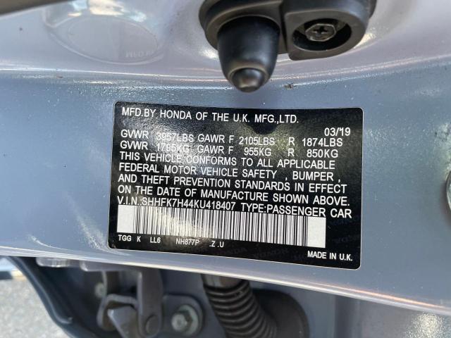 SHHFK7H44KU418407 - 2019 HONDA CIVIC SPORT 蓝色 照片 10