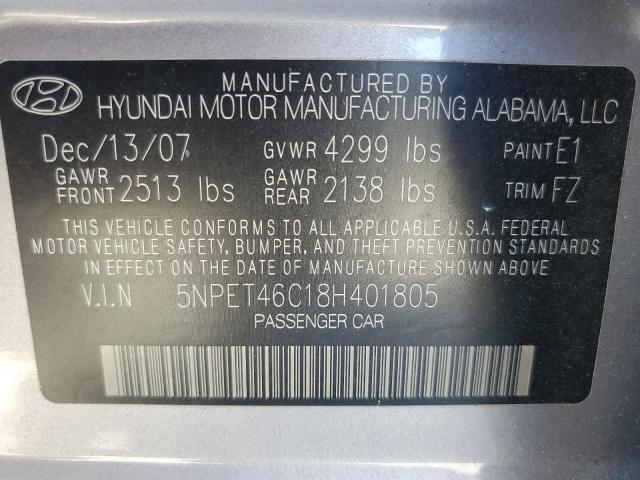 5NPET46C18H401805 - 2008 HYUNDAI SONATA GLS SILVER photo 12