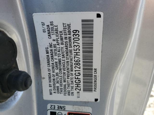 2HGFG12867H537039 - 2007 HONDA CIVIC EX SILVER photo 12