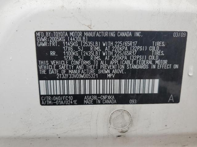 2T3ZF33V09W005321 - 2009 TOYOTA RAV4 WHITE photo 12