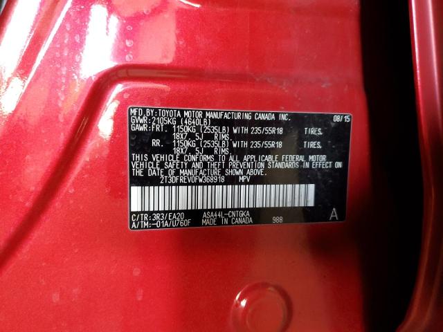 2T3DFREV0FW368918 - 2015 TOYOTA RAV4 LIMITED RED photo 12