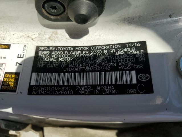 JTDKARFP8H3002748 - 2017 TOYOTA PRIUS PRIM თეთრი ფოტო 12