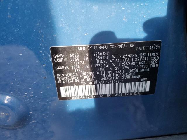 4S4BTGSD5N3107281 - 2022 SUBARU OUTBACK WILDERNESS BLUE photo 12