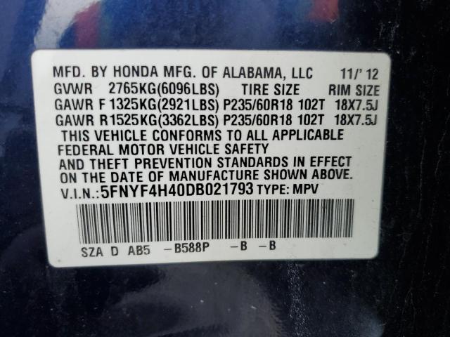 5FNYF4H40DB021793 - 2013 HONDA PILOT EX BLUE photo 12