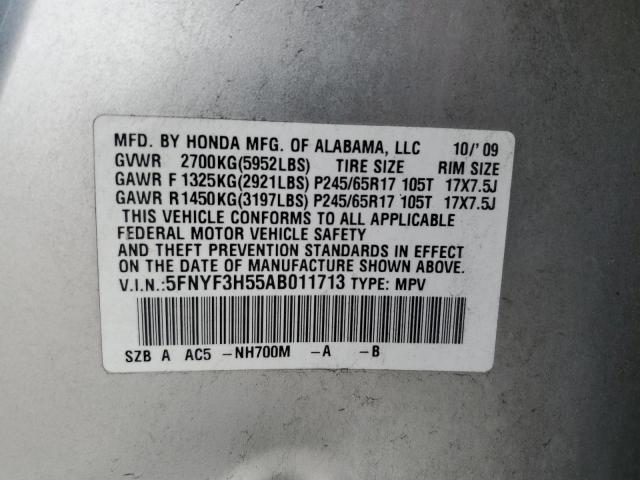 5FNYF3H55AB011713 - 2010 HONDA PILOT EXL SILVER photo 13