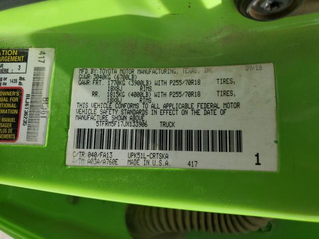 5TFRM5F17JX133906 - 2018 TOYOTA TUNDRA DOUBLE CAB SR/SR5 GREEN photo 12