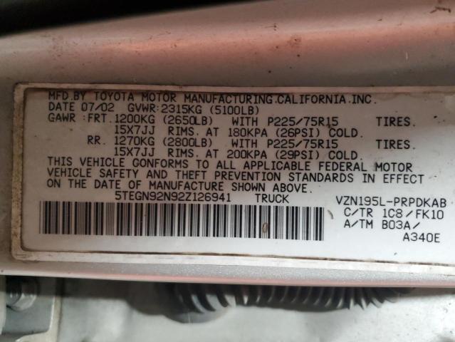 5TEGN92N92Z126941 - 2002 TOYOTA TACOMA DOUBLE CAB PRERUNNER SILVER photo 12