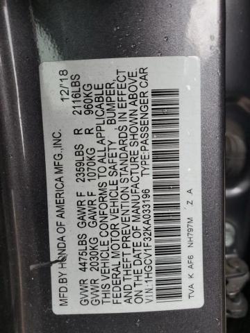 1HGCV1F32KA033196 - 2019 HONDA ACCORD SPORT GRAY photo 12