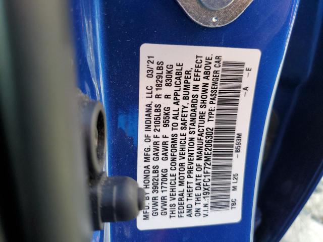 19XFC1F72ME206302 - 2021 HONDA CIVIC EXL 蓝色 照片 12
