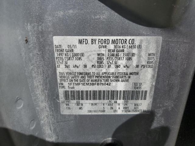 1FTMF1EM3BFB76042 - 2011 FORD F150 SILVER photo 12