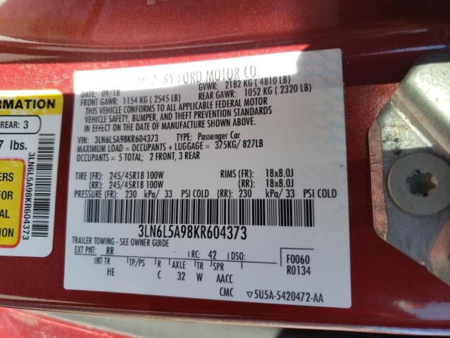 3LN6L5A98KR604373 - 2019 LINCOLN MKZ 勃艮第红 照片 12