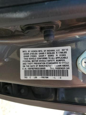 19XFB2F90CE338905 - 2012 HONDA CIVIC EXL გრაფიტი ფოტო 12