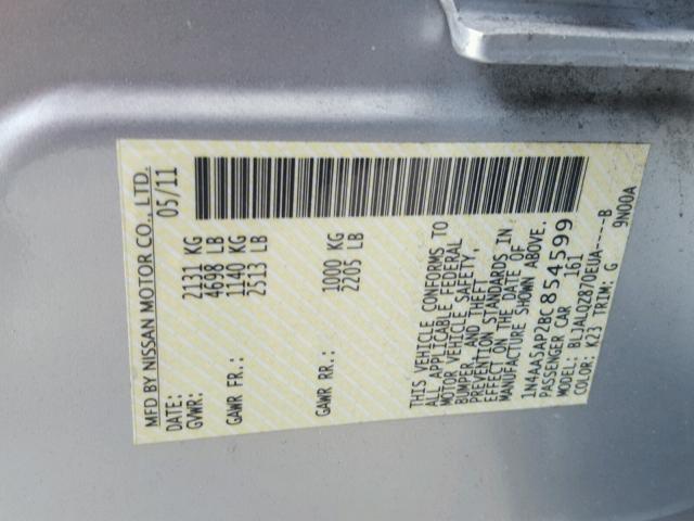 1N4AA5AP2BC854599 - 2011 NISSAN MAXIMA S SILVER photo 10