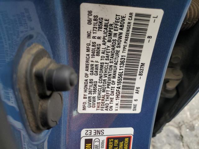 1HGFA16556L113631 - 2006 HONDA CIVIC LX BLUE photo 12