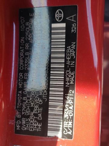 JTDKB20U983333597 - 2008 TOYOTA PRIUS RED photo 12