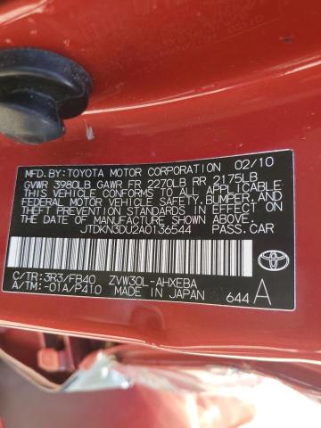 JTDKN3DU2A0136544 - 2010 TOYOTA PRIUS RED photo 12