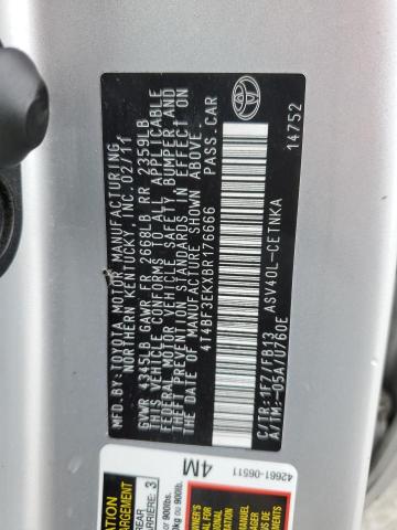 4T4BF3EKXBR176666 - 2011 TOYOTA CAMRY BASE SILVER photo 12