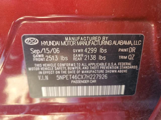 5NPET46CX7H227926 - 2007 HYUNDAI SONATA GLS BURGUNDY photo 12