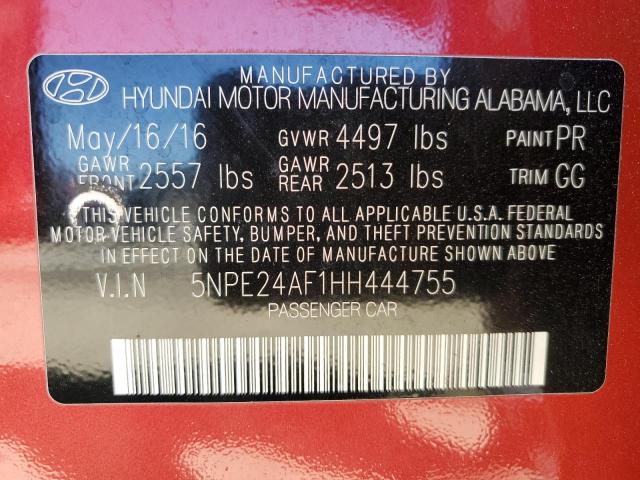 5NPE24AF1HH444755 - 2017 HYUNDAI SONATA SE RED photo 13