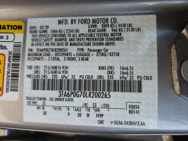 3FA6P0G70LR200265 - 2020 FORD FUSION S GRAY photo 12